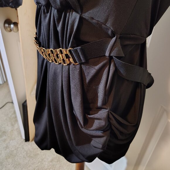 eVogues Plus Size Deep V-Neck Wrap Bodice Mini Dress Belted Black Asymmetrical - Picture 6 of 11